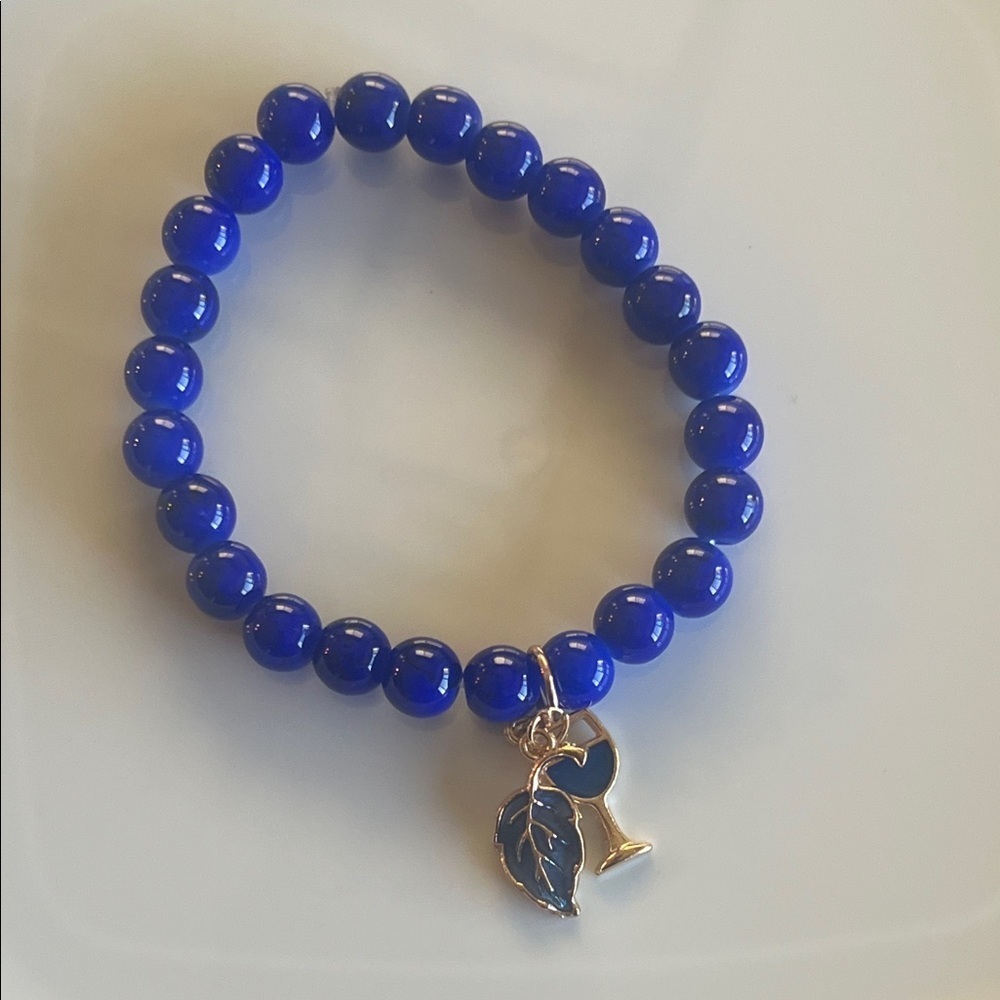 Blue Beaded Bracelet with Leaf Charm